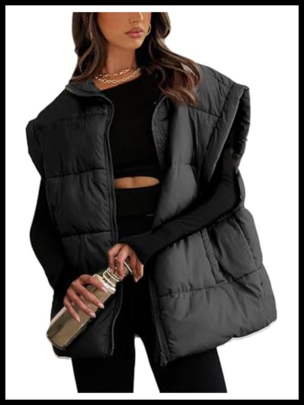 Oversized Quilted Puffer Vest Lightweight Waterproof Zip Sleeveless